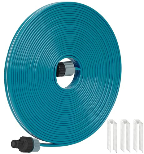 KOBAZ Sprinkler Soaker Hose 15 m, Flat Perforated Drip Irrigation Hose with Garden Pegs, Fine Mist Watering Pipe for Lawn, Large Gardens