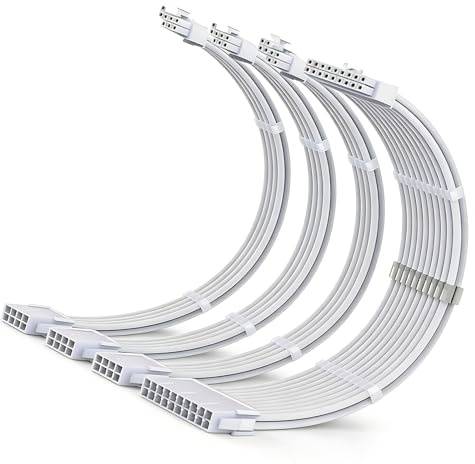 Kit D'extension De Câble d'alimentation: 18AWG Extension De Câble PSU, 30cm PC PSU Sleeved Cable, Câbles D'extension d'alimentation PC avec Peignes De Câbles, 24PIN/(6+2) PIN/(4+4) PIN (Blanc)