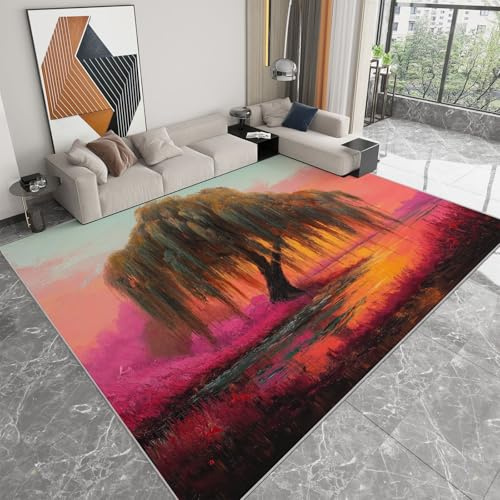 Tappeto Lavabile in Lavatrice 80 x 150 cm Pittura a Olio Paesaggio Piante Salice, Pelo Corto Antipelo Antiscivolo - Tappeto Stampato Rosa Arancione per Soggiorno Camera da Letto Ufficio Sala Giochi