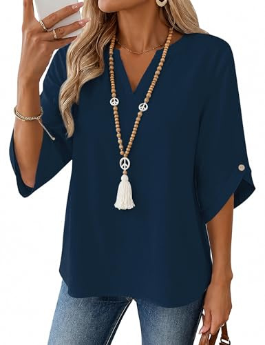 iWoo Womens 3/4 Sleeve Tops V Neck Ladies Blouses Cotton Linen Top Tunic | Casual Loose Fit Summer Top Elegant Shirts for UK Fall Shirt