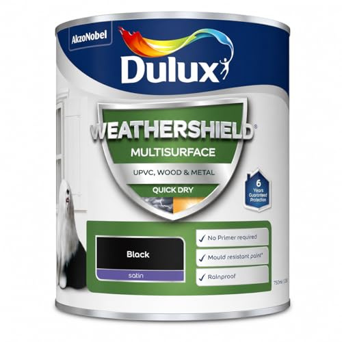 Black Weathershield Multi Surface Satin Paint 750ml | Exterior uPVC Wood and Metal Paint | Quick Dry Mid Sheen Finish | Weatherproof Paint for Doors Windows Garage Doors and Trim