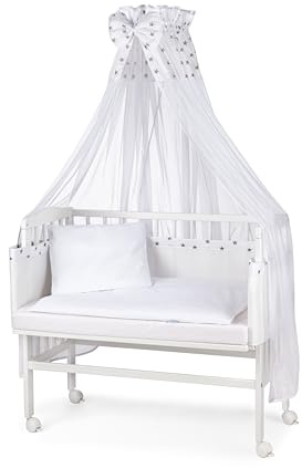 waldin Cuna colecho, Lacado en Blanco, 14 Modelos a Elegir a Elegir,Color Textil Blanco/Estrellas Gris