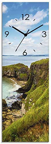 ARTLAND Wanddeko Wanduhr ohne Tickgeräusche Glas Quarzuhr 20x60 cm Rechteckig Lautlos Strand Küste Meer Felsenlandschaft Urlaub Maritim S7MQ