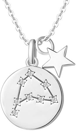 Sternzeichen Kette aus Solide 925 Sterling Silber mit Weiß Vergoldet 15mm Durchmesser Anhänger Halskette Einfach Minimalistisch Geschenk Schmuck für Damen Mädchen - Verstellbar Kettenlänge: 40 + 5 cm