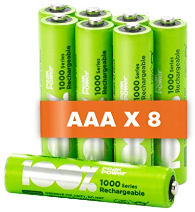 Pile Ricaricabili AAA - Set da 8 - Serie 1000 | 100% PeakPower | Batterie Ministilo NIMH AAA - Alta Capacità