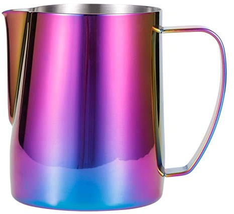 Milchkännchen, bunter Edelstahl-Milchaufschäumkrug, Kaffeeaufschäumbecher, Dampfkrüge, Dampfkrüge, Kaffeeaufschäumbecher für Milchkaffee, Cappuccino, Latte Art (350 ml)