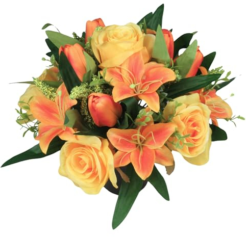 Artificial/Silk Flower Arrangement in Grave pot, 27cm in warm autumn shades