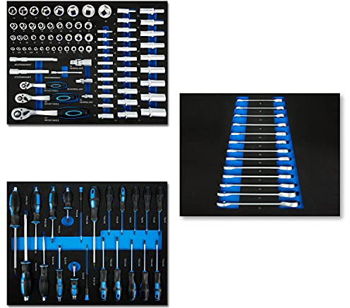 EBERTH Set di Attrezzi 114 Parti Per il Carrello Degli Attrezzi, Inserti in Schiuma Etichettati, Carburo, Maniglie Ergonomiche, Per 3 Cassetti, Attrezzatura Professionale da Officina, Blu