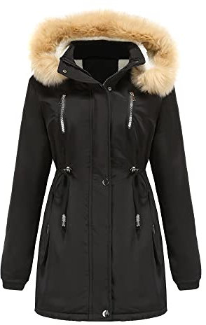 iyoimono Damen Wintermantel Dicke warme winddichte Parka Jacke mit Futter Lange Baumwolljacke mit Fell wasserdichte Fleecejacke Kapuzenwindjacke warm Pelzkragen Langarmjacke Funktionsjacke(Schwarz,M)