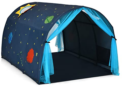 COSTWAY Tente de Lit pour Enfants avec Double Rideau en Maille, Tente de Jeu pour Enfants avec Motif de Fleur, Sac de Transport, Maiosn de Jeu pour Chambre Salon, 144 x 102 x 82 CM