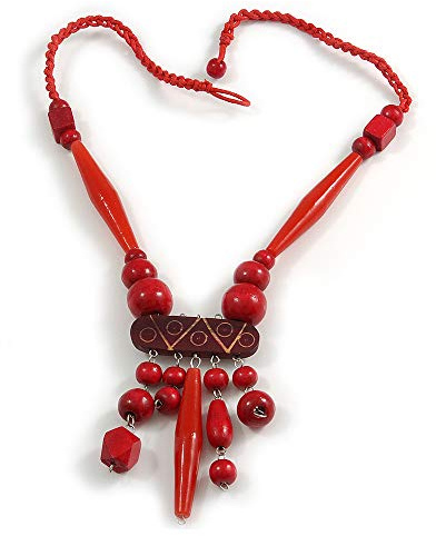 Avalaya Tribal Wood/Ceramic Bead Cotton Cord Necklace in Cherry Red/Brown - 60cm Long/ 10cm Long Front Drop