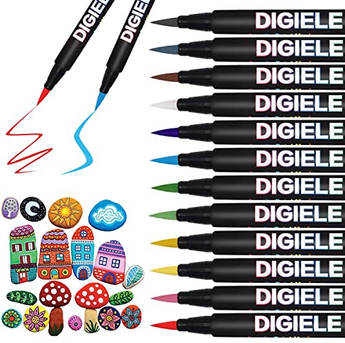 DIGIELE Steine Bemalen Stifte, 12 Farben Pinselstift, Wasserfeste Permanent Acrylstifte Marker, Kinder DIY Stift Art für Stein, Rock-Malerei, Keramik, Porzellan, Metall, Kunststoff, Holz & DIY Farbe