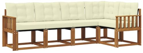 XHNIFBN Outdoor-Sofagarnitur aus Akazienholz, 5-teiliges Ecksofa für Garten und Terrasse, Lounge-Set mit bequemen Polstern, Natur und Creme, 247 x 128,5 x 73 cm