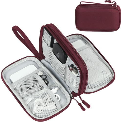 FYY Travel Cable Organiser, Electronics Accessories Bag, Waterproof Tech Storage Pouch, 2-Layer Universal Carry Case for Charger, Power Bank, USB Drive S-Wine Red