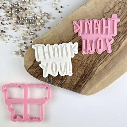 LissieLou Thank You in Sunny Font Teacher Cookie Cutter and Stamp Icing Stamp Fondant Embosser Space Theme - Light Pink