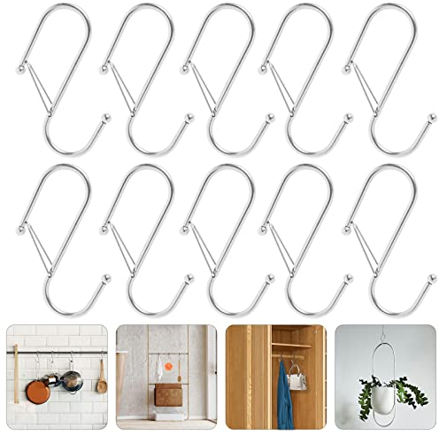 WAQIZCXZ 10 Pcs Metal S Shaped Hooks with Safety Buckle, 3.5 Inches, Anti-Slip S Hooks for Closet Rod, Butchers, Wardrobe Rail & Kitchen Utensil Hangers, Silver