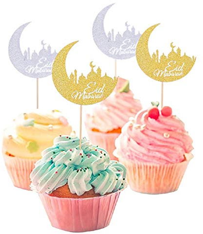 24 Stück Eid Mubarak Topper Mubarak Ramadan Tortendeko Gold und Silber Eid Mubarak Cupcake Toppers Ramadan Deko