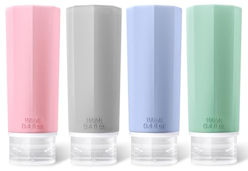 Opret 100ml Silicone Travel Bottles for Toiletries, 4 Pcs Leak Proof Portable Travel Container Refillable Squeezable 3.4oz for Shampoos and Conditioner, BPA Free and TSA Approved