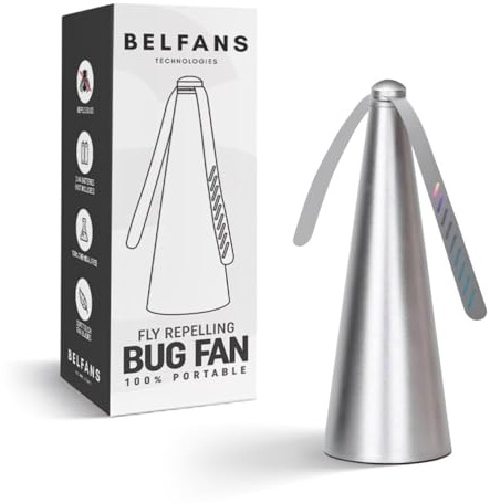Belfans FlyRepelling Ventilador para mesas, Alimentado por USB/Pilas AA, matamoscas sin Sonido con Cuchillas holográficas, Ventilador portátil para Abejas, Avispas y Uso al Aire Libre (1, Plateado)