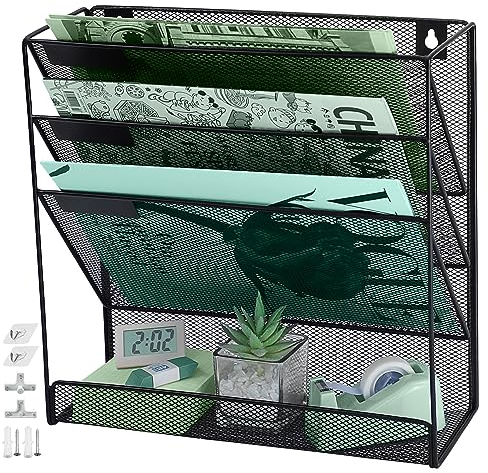 IOUGDSEC Hängeregal Mit 4 Etagen - A4-Netzstoff für Zeitschriften, Dokumente, Post-Organizer - Langlebiges Metallgeflecht Dokumenten-Wand-Organizer, Schreibtisch-Aufbewahrung