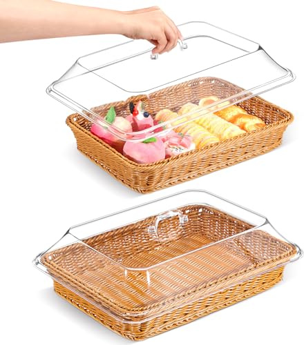 Mumufy Lot de 2 corbeilles à pain en rotin synthétique pour servir avec couvercle en acrylique - Corbeille à fruits tissée avec couvercle - Corbeille à fruits et légumes - Rectangulaire - Pour