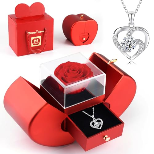 ELEUTH Echte Ewige Rose mit Halskette Schmuck Geschenkbox,Konservierte Rose Blumen Box,Frauen Muttertagsgeschenk für Mama Valentinstag Hochzeitstag Weihnachten Geschenk für Mutter Ehefrau Freundin Oma