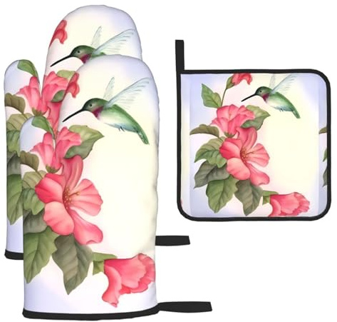 Set di 3 guanti anti-scottatura e presine a forma di colibrì, per cucinare e grigliare, regalo di Natale per la festa della mamma