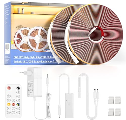 WOBANE 10M Tira Led COB Blanco Cálido 3000K con Mando a Distancia | 2 x 5m, CRI 94, 320 LED/M, Regulable, Adhesivas, con Enchufe 24V para Cocina Bajo Mueble, Escaparate, Sala de estar
