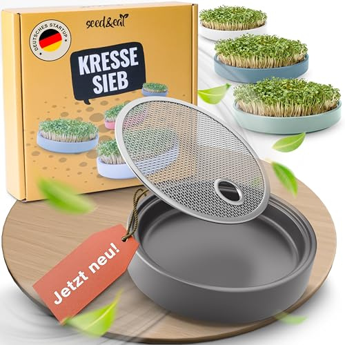 seed&eat Kressesieb (13cm), Anzuchtschale für Kresse & Microgreens, mit Sprossenheft [E-Book], Keramikschale + Edelstahlsieb