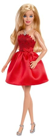 Barbie Mattel 80th Anniversary Ruby-Red Celebration Blonde Fashion Doll Wearing Red Dress with Silvery Shoes & Necklace, Collectible Toy, JGD25