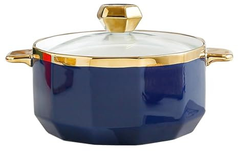 Sopera redonda con tapa de vidrio, cuenco de cerámica for servir sopa, sopera de porcelana for decoración de cocina de restaurante, hogar, apta for microondas y lavavajillas, porcelana(A)