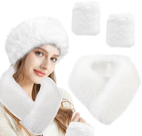 Fellmütze Stirnband Winter mit Flauschiger Schal Pulswärmer Damen Stulpen Weiß Fellkragen Pelzkragen Kunstfell Ohrenwärmer Kunstpelz Armstulpen Handgelenk Manschetten Haarband Warmers Winter Kostüm