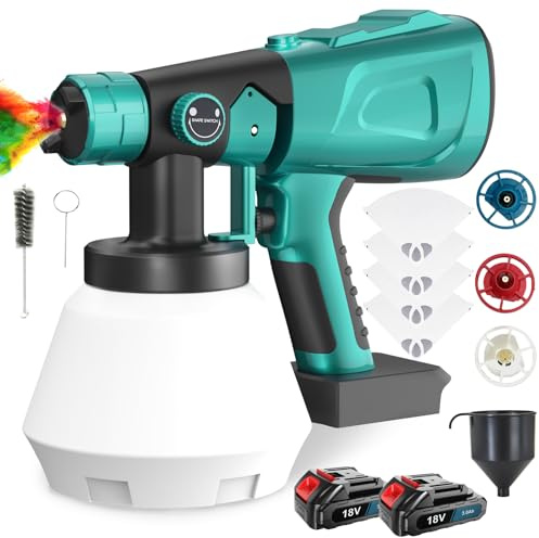 18V Akku Farbspritzpistole mit 2 Akkus, HVLP Lackierpistole Elektrisch mit 4 Düsen (1.0mm, 1,5mm, 1,8mm, 2,5mm), 4 Filterpapier, 1000ml Abnehmbarer Behälter, für den Innen- und Außenbereich