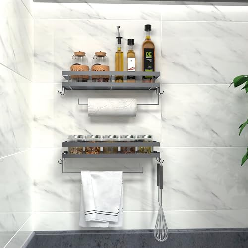 Gewürzregal 2er Set Küchenregal Wand ohne Bohren, 35cm, Grau, mit 4 Haken | Küchenregal hängend, mit Küchenrollenhalter, wandregal küche, küchen organizer schublade, gewürzregal hängend