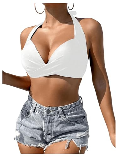 GORGLITTER Damen Push UP Bikini Top Neckholder Bikinioberteil Triangel Bikini Top mit Twist Badetop Bandeau Bikini-top Weiß L