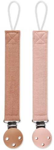 meanus Catenella per ciuccio, portaciuccio in cotone e clip in silicone per ragazze e ragazzi, catenella portaciuccio per bambini, senza BPA, confezione da 2 (caramello + rosa scuro)