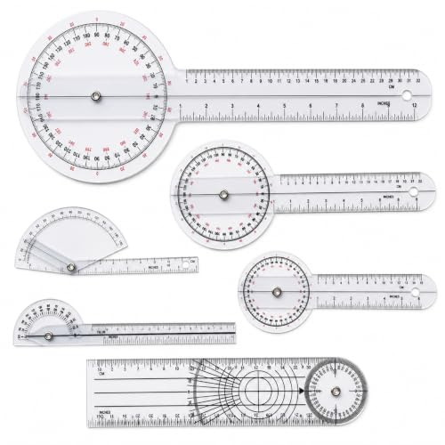 VZU Goniometer 6 Stück, Winkelmesser 360° aus transparentem PVC | für Physiotherapie, Gelenkmessung, Sporttherapie, Heimarbeit und Schule