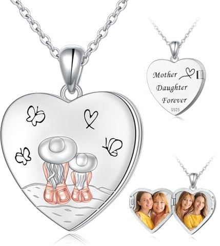HOOHWE Mutter Tochter Kette für Damen 925 Sterling Silber Liebe Herz Halskette/Foto Medaillon zum Öffnen mit Bild Anhänger Schmuck Geschenke für Mama Kind