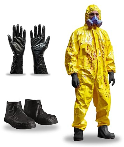 Zimchado Yellow Coverall Chemical Suit With Reusable Acid Resistant Gloves And Plastic Waterproof Shoe Cover, White, XXXXL