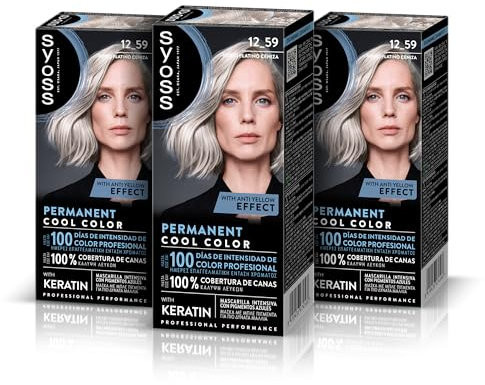 SYOSS Permanent Cool Color 12-59 biondo platino cenere, tintura per capelli e maschera intensiva con cheratina per una copertura professionale di capelli grigi, colore resistente, confezione da 3