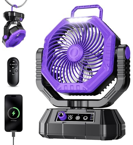 AJVV Camping Ventilator mit akku 20000mAh, Akku Ventilator mit Fernbedienung/LED Licht/270° Drehung, Tischventilator mit Haken/Stufenlose Geschwindigkeit, für Outdoor Reisen Angeln-Lila