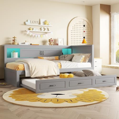 Dolamaní Tagesbett 90x200 cm mit Ausziehbar Bett 90x190 cm, Bettseitiges mit Stauraum Staufach, Funktionsbett Ohne Matratze (Grau)