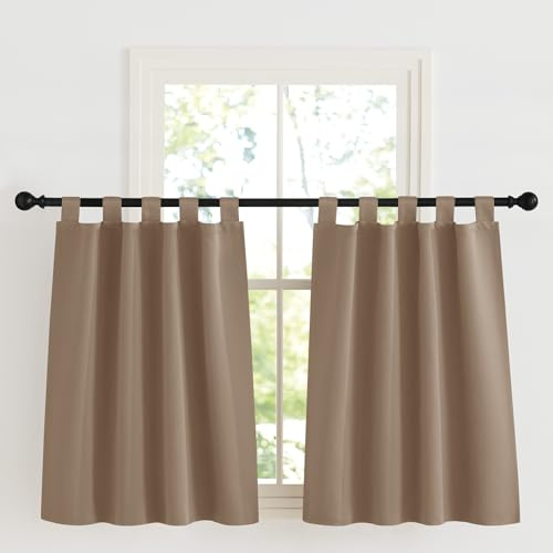 KGORGE Blickdichte Scheibengardinen Küche Modern Schlaufenvorhang Kurz | Cappuccino, H125 x B90 cm, Schlaufenschal 2er Set, Thermovorhang Hitzeschutz, Verdunkelung, Sonnenschutz, für Schafzimmer