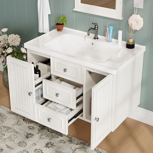 Merax Waschbeckenunterschrank, Unterschrank, Badezimmerschrank, Waschtischunterschrank mit 4 Schubladen und 1 Türen, Hängender Waschtisch, Moderner Stil Badschrank, Badmöbel Set, mit Waschbecken, Weiß
