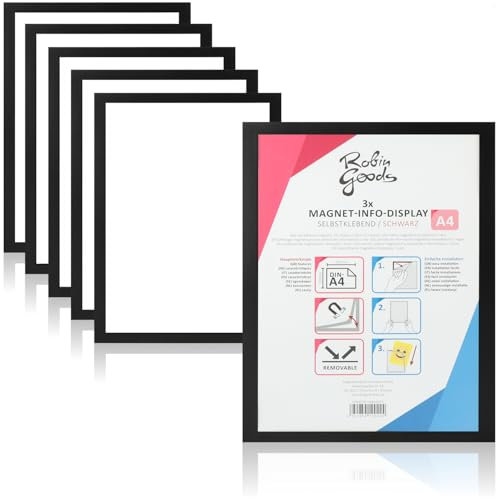 Robin Goods® 6er Set selbstklebende Magnetrahmen DIN A4 - Dokumentenhalter mit Magnetverschluss - Infotasche für Tür, Fenster, Büro, Praxis & Geschäft (schwarz - 6x)