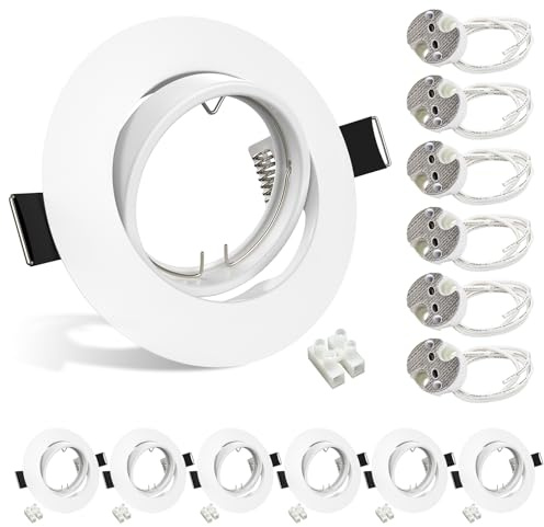 Wondlumi 6X Modern GU5.3 12V Downlights Fitting Round Matt White Finish Mounting Frame for Recessed Ceiling Lights 360° Tilt Swivel Spotlight with GU5.3 Lampholders, Cutout Ø68-80mm, No Bulbs