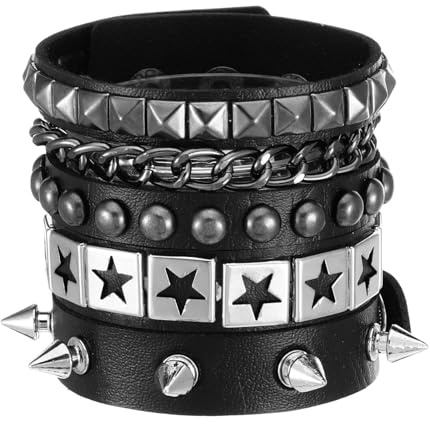 YUXIANLB Set di 3 braccialetti borchiati punk rock, borchiati con borchie, polsino anni '80 emo gotico, accessori per gioielli da polso regolabili, Misura unica, Poliuretano, Nessuna pietra preziosa