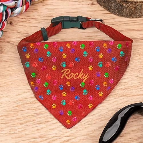 Wanapix | Personalisierbares Hunde-Halstuch| Mit Namen oder Foto Personalisieren | Verstellbares Bandana für Hunde und Katzen | Rot | Pfotenabdrücke