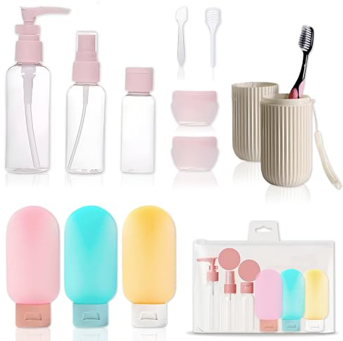 Neceser Transparente Viaje Avion | Incluye 8 Botes Viaje Rellenables 100ml, 2 Espátulas Cosmética y Porta Cepillo Dientes | Bolsa Transparente Avion | Botes para Gel y Champu | Accesorios de Belleza