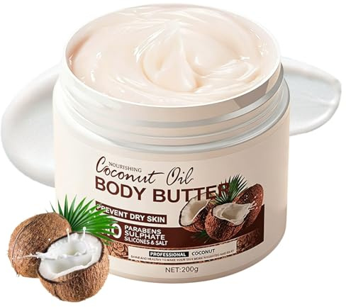 Coconut Body Butter 200g,Natürliche Körperbutter,Körperbutter mit Kokosöl für Trockene Haut,Intensive Feuchtigkeitspflege Körpercreme,Coconut Oil Body Moisturiser,Kokosnuss Lotion für Damen und Herren
